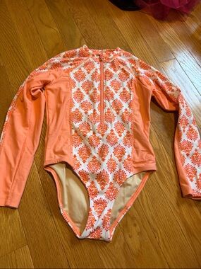Cabana Life Girls Long Sleeve One-Piece Swimsuit in Coral and White